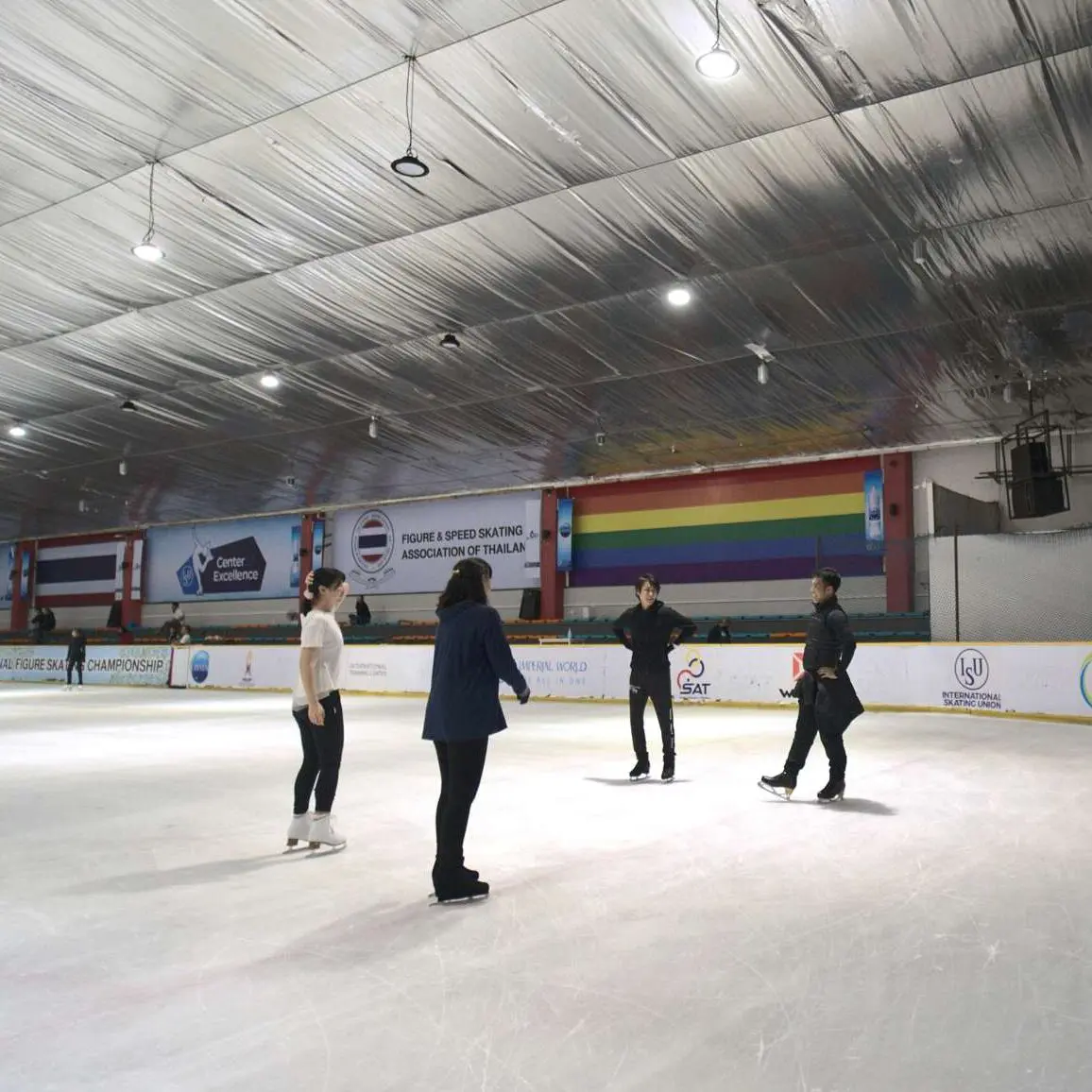 Four skaters are talking together in the ice rink.